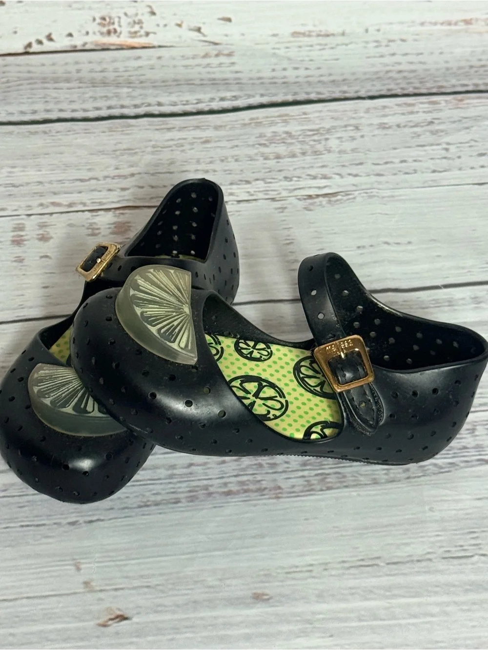Mini Melissa Black Mary Jane Jelly Shoes with Lime Accent